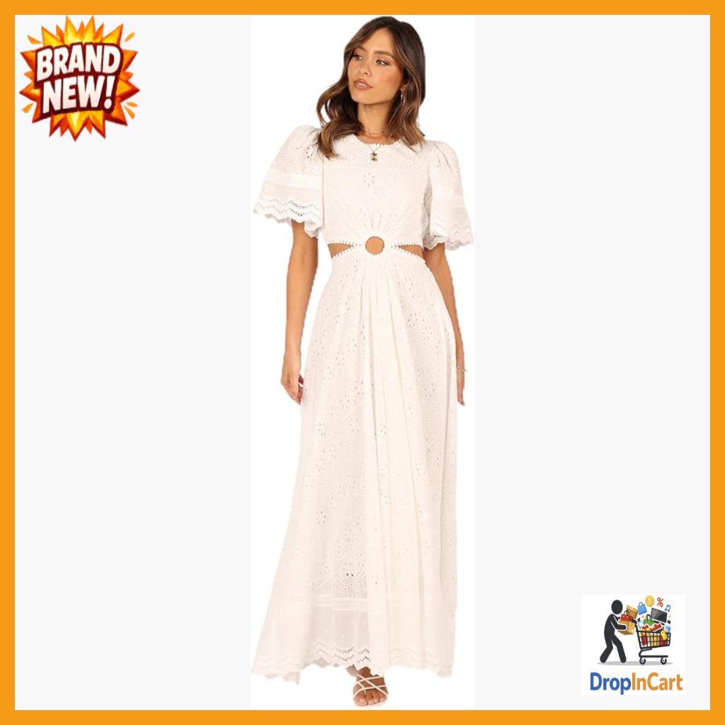 Broderie Anglaise Maxi Dress Elegant Cut Out Detail A-Line Skirt Special